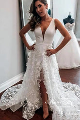 Boho Satin A-line V-neck 3D Flowers Wedding Dresses With High Slit